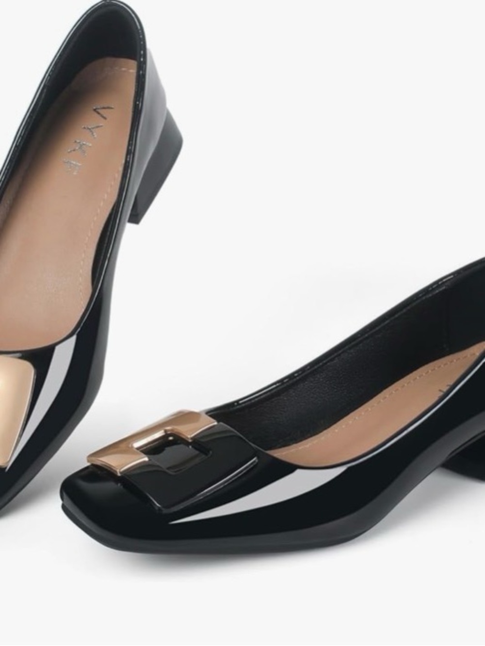 VYKF Black Patent Leather Square Toe Flats Gold Buckle Sz 38